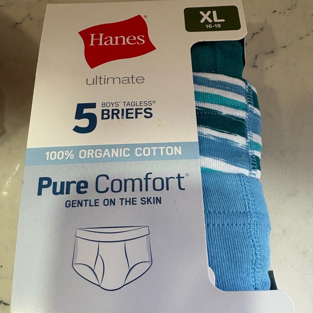 Hanes Ultimate Boys Size XL 16/18 Organic Cotton Comfort Briefs Underwear 5 Pk